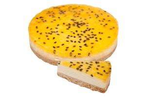 Baked Passionfruit Cheesecake 10 Inch/25cm Round Made with Australian cream cheese, baked on a biscuit base, delicious passionfruit folded through rich cheese mix and baked to perfection, topped with a shiny passionfruit glaze.