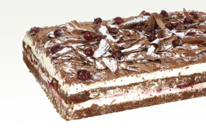 Blackforest Gateau Tray 30cm x 40cm Layers of moist dark chocolate sponge and fresh Australian whipped cream and succulent dark cherries. Available in a Slab 30cm x 40cm 2.75kg.